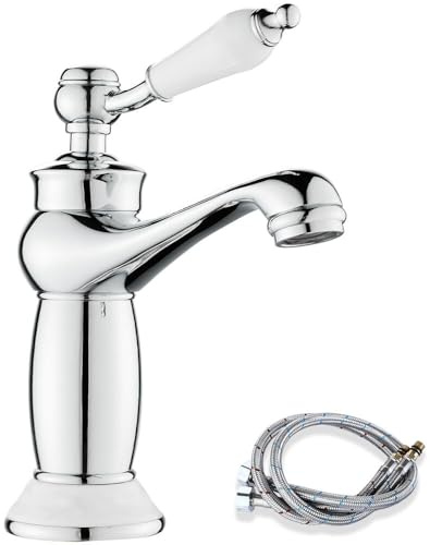 Retro Bathroom Sink Tap, Victorian Bathroom Basin Mixer Tap, Brass, Chrome | Luxury Vintage Faucet for Cloakroom, Ceramic Handle & Base, Flexible Tails