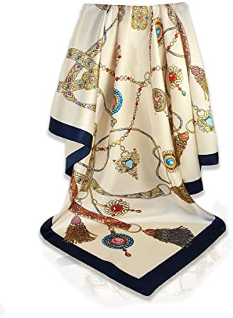 New Seidenschal Damen 90x90cm Weiß mit blauem Rand Elegante Seidentuch Haare Seidentuch Halstuch Damen Elegant Satintuch Halstuch Seide Bandana Tuch Kopftüch Ansatz Scarf