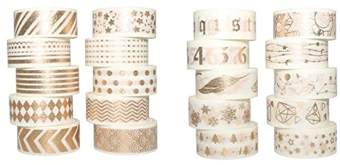 Grekywin 20-Roll Washi Tape Set, 15mm Breit Goldfolie Druck Muster, weißer Hintergrund, Japanisches Abdeckband Dekor für Scrapbook, Bullet Journal, Geschenkverpackung (3m)