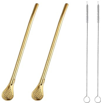 2 Pieces Stainless Steel Straw Spoon Filter with 2 Cleaning Brush, Reusable Tea Spoon for Loose Tea, Yerba Mate Straw, Metal Drinking Straws, Coffee Stirrers for Drinks Milk Beverage (Gold)