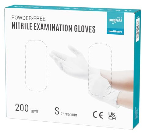 EUROPAPA® 200 Guantes De Nitrilo Desechables Que Cumplen Las Normas EN455 EN374, Sin Polvo Ni LÁTex, Guantes Desechables Disponibles En Las Tallas S, M, L Y XL (S, Blanco)