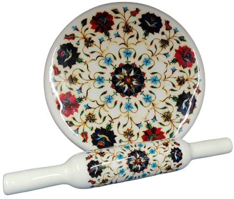 Marmo Roti Maker con stampa smaltata Belan in legno/marmo bianco Chakla Chakla diametro 25,4 cm con Belan (smalto stampato Chakla Belan) (design)