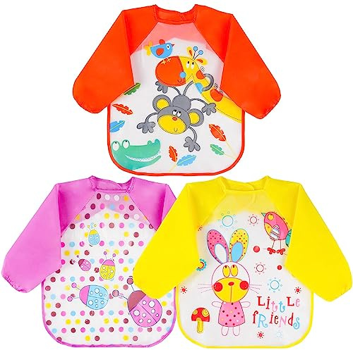 Vicloon 3 pezzi/5 pezzi Bavaglini a Manica Lunga, Waterproof & Easy to Clean,Bavaglino Unisex per Bambini, Bambini e Neonati Giocare e Mangiare 6 Mesi a 3 Anni