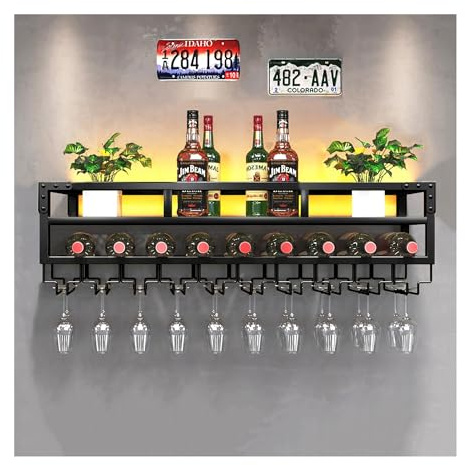 Pengfei LED Wine Rack Wall Mounted, Industrial Metal Wall Wine Shelf & Glass Holder, Large Floating Shelves Wine Bottle Storage Display Rack for Home Bar Dining Room Decor, Black