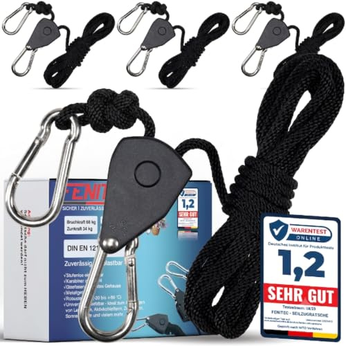 FENITEC 4 cricchetti con ganci, tenditori per tenda con cricchetto, per tenda, tenda da sole e tenda, forza di rottura 68 kg, 2,4 m, funi di tensione da campeggio, tendicorde, per esterni (set da 4)