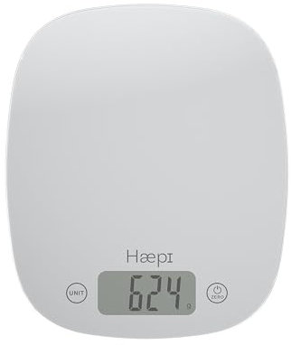 Haepi, báscula de cocina electrónica de alta precisión, 5000 g/1 g, función tara/líquido, diseño moderno, pantalla LCD ancha, pilas incluidas, garantía de 15 años