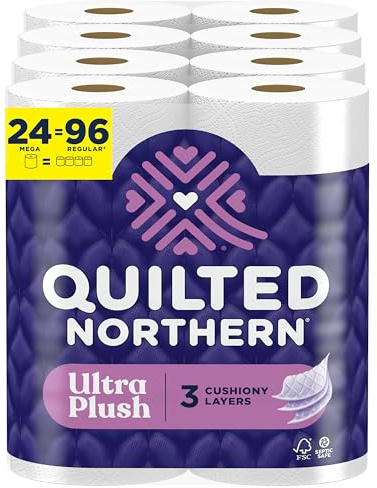 Quilted Northern Ultra Plush Toilet Paper, 24 Mega Rolls = 96 Regular Rolls, 3X Thicker*, 3 Ply Soft Toilet Tissue