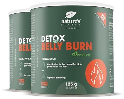 Nature’s Finest Detox Belly Burn - Integratore Detox in Polvere con Cardo Mariano, Carciofo, Clorella e Opuntia (Nopal) - Formula Vegetale, Vegana, Senza Glutine - 2 x 125 g
