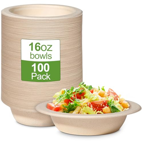 GREENESAGE 100 cuencos de cartón desechables, 470 ml, de caña de azúcar, vajilla desechable, cuenco desechable, cuenco para sopa orgánico, redondo, marrón, compostable