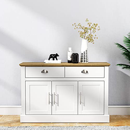 Galano Sofia Sideboard mit 3 Türen und 2 Schubladen – Buffetschrank für Wohnzimmer – 39,5T x 112,8B x 74,1H cm – Weiß/Eiche