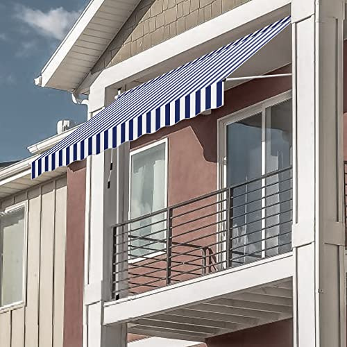 Fiqops Klemmmarkise Markise Balkon 300cm Breit, Balkonmarkise Handkurbel höhenverstellbar ohne Bohren, UV-beständig Sonnenschutz wasserdicht für Terrasse Balkon Veranda, Blau-Weiße