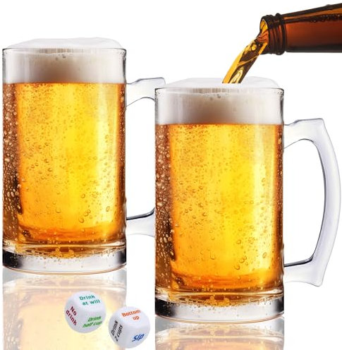 VAMB LLC 4 Piece Set Large Glass Beer Mugs Freezer Safe, 2 Pack Heavy Beer Steins with Handle, 16 oz (2 Drinking Dice + 2 Beer Mugs Set)