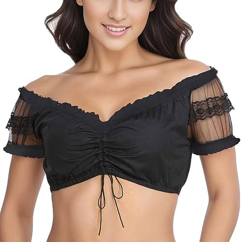 GFPGNDFHG Trachten Jacke für Damen Dirndlbluse weiß trachtenhut Herren Trachtenbluse Langarm Stehkragen Schwarze Spitze 3/4 arm Dirndl midi Trachtenweste
