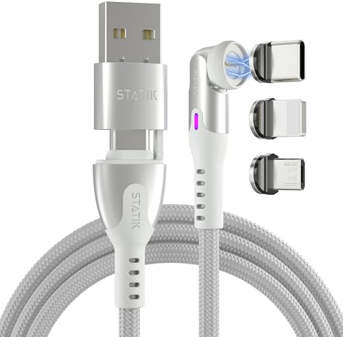 Statik 360 Pro Magnetic Charging Cable, USB-C Micro-USB Lightning 100W | Includes USB-C, Micro-USB & Lightning tips. USB-A adapter included. Fast charging & data transfer, 6FT, White