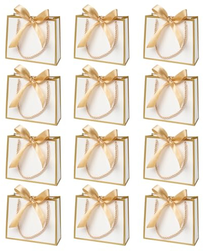 12 Stück Mini Geschenktüten Mit Henkel, Kleine Weiße Geschenktüten für Geburtstag Hochzeit (14× 6× 12cm)