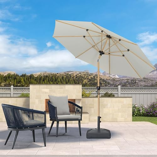 PURPLE LEAF Parasol Droit Rond en Aluminium de 3 m, Parasol Inclinable avec Manivelle et 8 Baleines Robustes, Inoxydable et Résistant aux UV, en Teck, Adapté aux Balcons, Terrasses et Patios, Crème