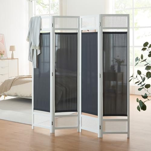 [en.casa] Raumteiler Dorotea Paravent Sichtschutz 4-teilig Raumtrenner faltbar Spanische Wand 160 x 170 cm Trennwand Paneele in Rattanoptik Rahmen aus Bambus Stellwand freistehend Weiß/Dunkelgrau