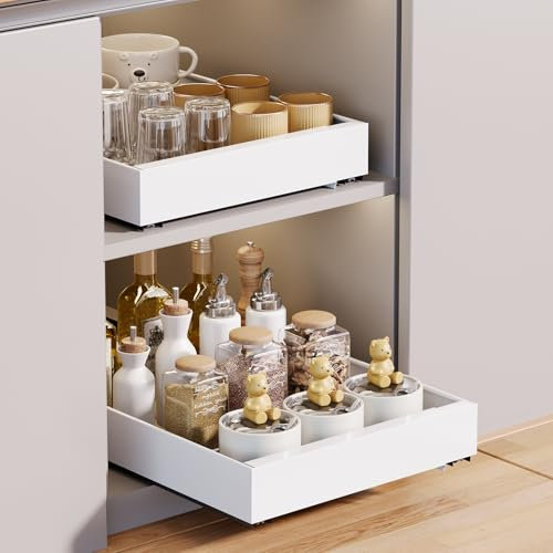 NPOIAUG Teleskopschublade, Ausziehbare Schublade Küche, Küchenschrank Organizer, Ausziehbarer Schrank Organizer, Slide out Cabinet Organizer Küche, Weiß, 25 cm B x 42 cm T x 7.5 cm H