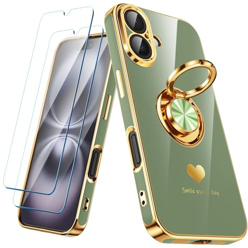Nonional Compatible for iPhone 16 Case with 2 Pack Screen Protector, 360° Rotatable Ring Holder [Luxury Hearts Pattern] Plating Gold Edge Slim Soft Phone Cover Case for iPhone 16 - Light Green