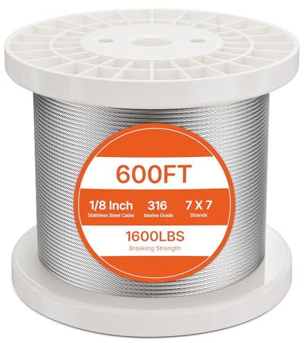 VEVOR Câble Acier Inoxydable, 3,18 mm x 182,3 m, Câble Métallique Inox 316 Tressé 7x7 Qualité Aéronautique Marine avec Coupe-fil, Gants, Résistance Rupture 7,1 kN, pour Garde-corps, Clôture, Rampe