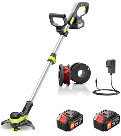JWDJ FY9099 21V Cordless Grass Trimmer with 2 Coils And Charger 90° Head Pivots 2-in-1 Grass Trimmer/Edger for Edge Lawns And Agricultural Land, DIY Garden, Lawn Care (Green)
