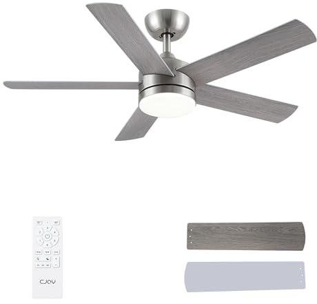 CJOY Ceiling Fans with Lights, 42 inch Silver Ceiling Fans with Lights and Remote Control, 6 Speeds, Quiet Reversible DC, Memory 3CCT, Dimmable, Sleep Mode, Timer, Use for Bedroom/Living Room/Kitchen