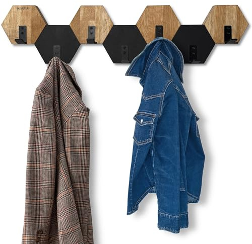 Kleiderhaken Hexagon wand Wandgarderobe Garderobe Holz Eiche schwarz design modern jugendzimmer badezimmer natur (Schwarz/Eiche, 77)