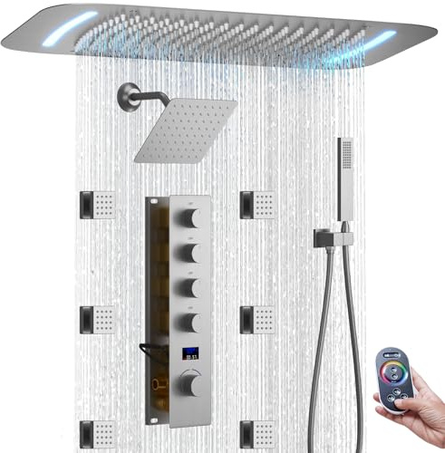 KATAIS 16 x 26 Luxury Dual Shower Head System with Body Jets Hand Jet, 8 Wall Mounted Rain Shower Head, 4 Way Temperature Digital Display, Shower Valve, Brushed Nickel
