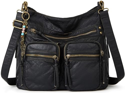 Worldlyda – Grand sac à bandoulière pour femme, multi-poches, sacs à bandoulière en cuir végétalien doux vintage, sacs à main Hobo Tote, Be2503black, Large