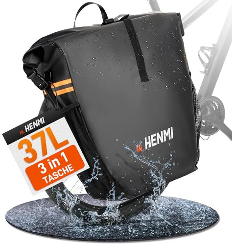 HENMI Fahrrad Gepäckträgertasche Wasserdicht, 37L Fahrradtaschen für Gepäckträger mit Tragegriff und Schultergurt, 3 in 1 Fahrradtasche Rucksack, Schwarz