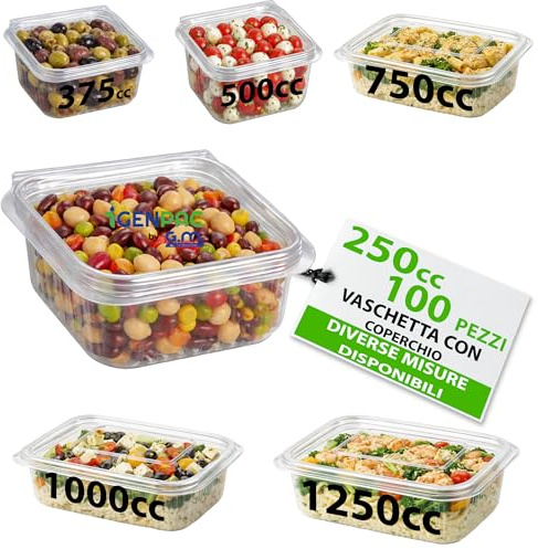 GM 100 Vaschette Quadrate Trasparenti con Coperchio Misura 250cc, Contenitori Ermetici Per Alimenti in PET, Contenitore Ermetico Per Alimenti MONOUSO, Contenitore Pranzo - Made In Italy