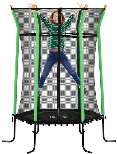 HOMCOM Trampolino Elastico per Bambini 3-10 Anni con Ingresso a Cerniera e Pali Imbottiti, Tappeto Elastico in Acciaio, PP e EPE, 122x111x190 cm, Verde