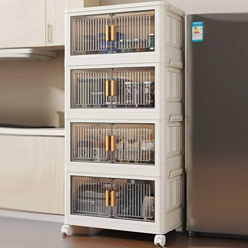 Plastic Storage Boxes with Lid, 4 Tier Plastic Storage Bins Stackable Storages Containers with Magnetic Doors & Wheels,Folding Storages Boxes for Home Dorm for Home Bedroom Kitchen,Office