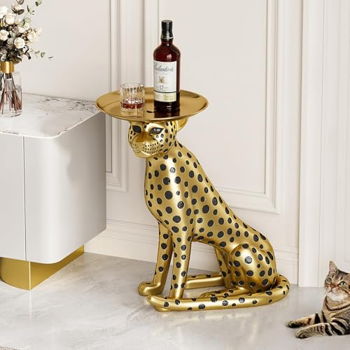 Homary - Animal Side Table with Top Tray, Golden Leopard Statue, Artistic Home Decor and Gifts