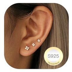 RAJPUTANA 3 Paare Kleine Ohrringe Sterling Silber für Damen Set Hypoallergen 14K Gold Ohrstecker Zartes CZ Stern Punkt Herz Ohrstecker Ohrringe 925 Silber Set Schmuck Geschenke