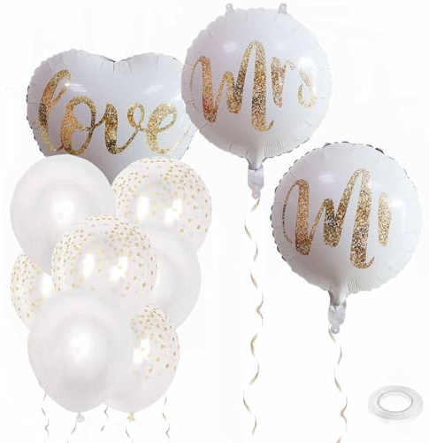 Just Married Deko, Hochzeitsdeko Folienballons Just Married Banner Brautpaar Figuren Mr & Mrs Ballon Weiß Herz Folienluftballon Helium Ballons für Heiratsantrag Verlobung Standesamt (ballon)