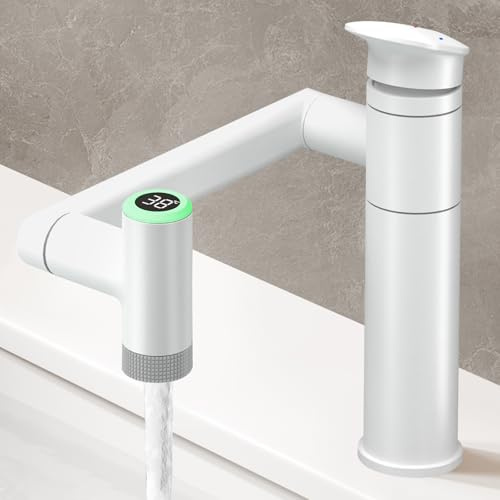 JONKEAN Wasserhahn Bad mit Temperaturanzeige(Batterielos), 1080° Drehbar Einhebelmischer Waschbecken, Höhenverstellbare Badezimmer Wasserhahn, Waschtischarmatur Hoch (LJBP54D, Weiß)
