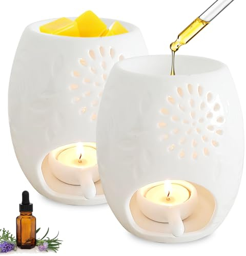 GOMETY 2 stycken doftlampor, värmeljushållare, aromalampa av keramik vit med ljussked, aromdiffuser, doftlampa för eteriska oljor, rökning, doftvax, doftolja, lampa för hem, sovrum, dekor