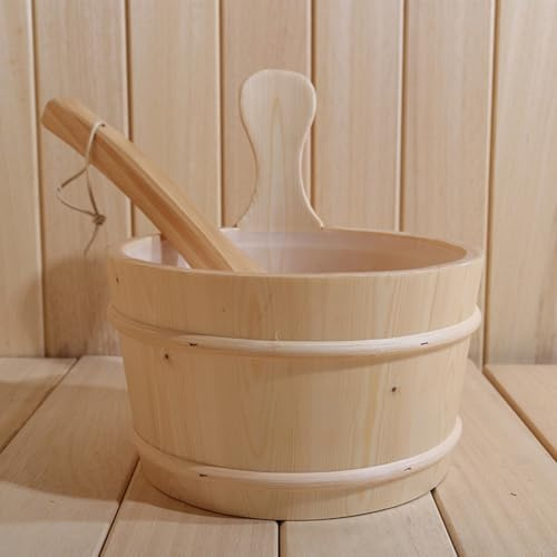 4L Sauna Bucket and La-dle Set | Barrel Saun-a Kit, Wooden Bucket with Handle, S-auna Water Bath Accessories Supplies for Sa-UNA St-eam Room