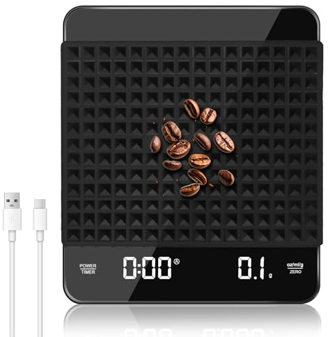 Digital kaffevåg med timer, espresso våg 3 kg/0,1 g precisionsvåg, uppladdningsbar våg köksvåg med LED-display för hemmabruk i köket och på kontoret