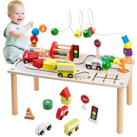 Aolawco 7-in-1 Holz Spieltisch Ab 2 Jahr Baby mit Formensortierer & Drehelementen, Montessori Aktivitätstisch, Aktivitätstisch für Kinder, Activity Center Baby für Jungen Mädchen zum Geburtstag