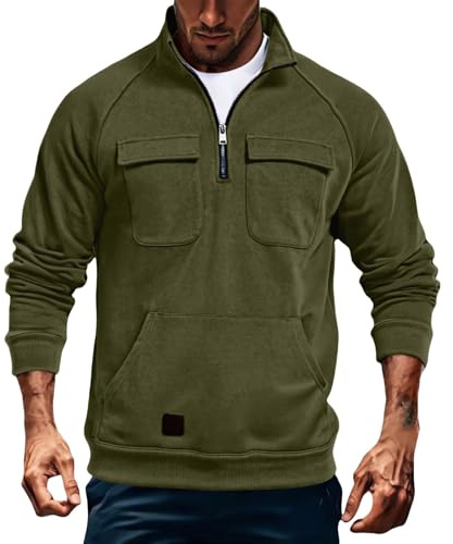 Generisch Herren Pullover Reißverschluss Cargopullover Mit Brusttasche Sweatpullover Stehkragen Winterpullover Bequeme Warme Arbeitspullover Einfarbig Langarm Pulli Loose Fit Sweatshirt Half Zip