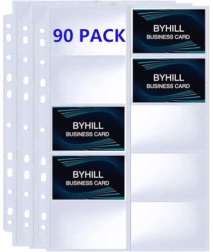 BYSTER 90 Pack 1800 Pockets Business Card Sleeves Binder Sheets, Ultra-Clear Business Card Pages for 2/3/4 Ring Binder, Double Sided 10 Pocket Credit Card Pages