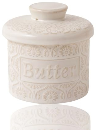 HIKENRI French Butter Dish with Lid,Ceramic Butter Dish,Decorative Circular Butter Container for Your Counter,for Salad Dressing,Jam,Nuts(Cream/4.5*4.5IN)
