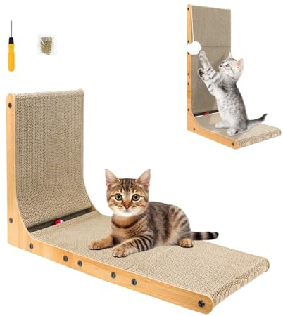 Hohes Kratzbrett Katze 68 cm, L-Form - Robustes Kratzmöbel aus Kratzpappe mit integriertem Ball, Leicht zu Montieren für Wandmontage und Ecken