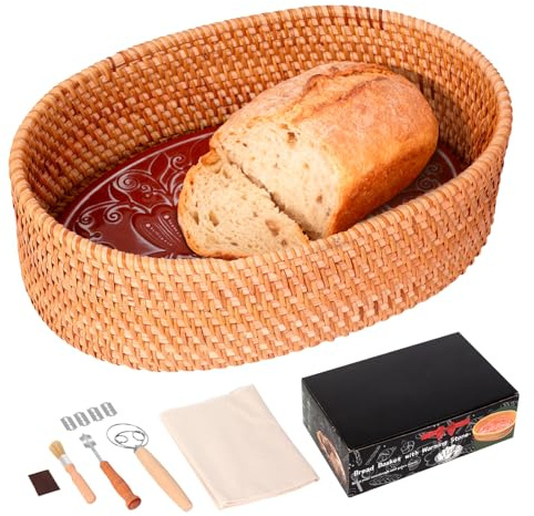 Bread Basket with Warming Stone and Cloth -Terra Cotta Bread Warmer, 12.7 * 8.2 Oval Bread Basket with Warmer - Gifts for Hostess House Warming Baker Christmas -Bread Warmer Cesta De Pao De Piedra