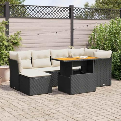 QJBSAVVA 7tlg. Gartenlounge Schwarz Poly-Rattan platzsparendes Balkonmöbelset mit verstellbarem Esstisch 100x55x44/73 cm Sitzgruppe Outdoor für Garten Terrasse Balkon