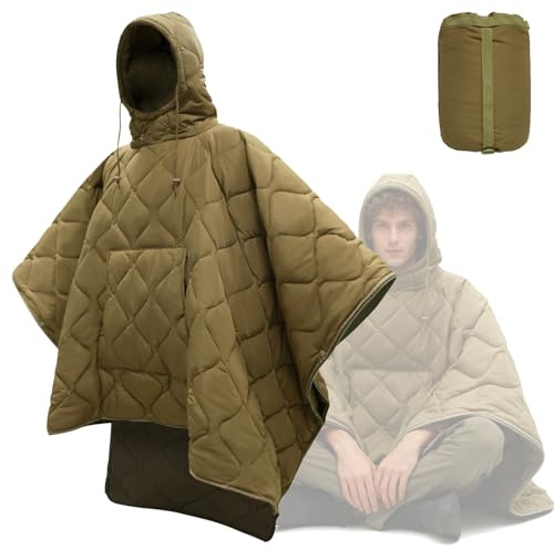 CZMYCBG Poncho con Forro Polar, Aislamiento Militar, Capa Cortavientos Oculta para Exteriores, Manta Enrollable Multiusos de Emergencia Militar para Protección contra el Frío.(Tan)