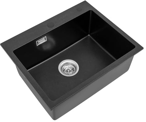Lavello da cucina in Quarzo, 55 x 45 cm, 1 vasca, lavello da incasso, lavello da cucina in pietra per mobile sottopiano da 55 cm con troppopieno, sifone e set di scarico (Nero)