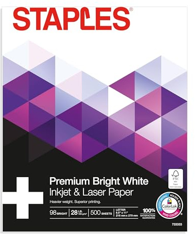 Staples Laser Paper 8.5 x 11 Inch 28 lb 98 Bright High‑Quality Prints, 500 Sheets